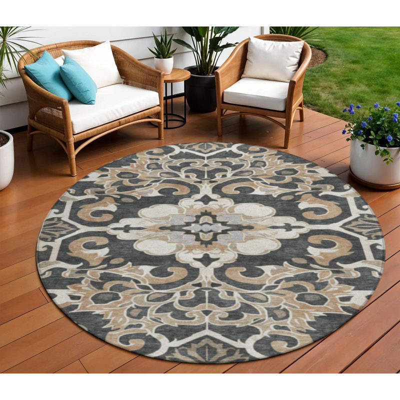 Tapis d'intérieur lavable rond 8 'gris anthracite et taupe