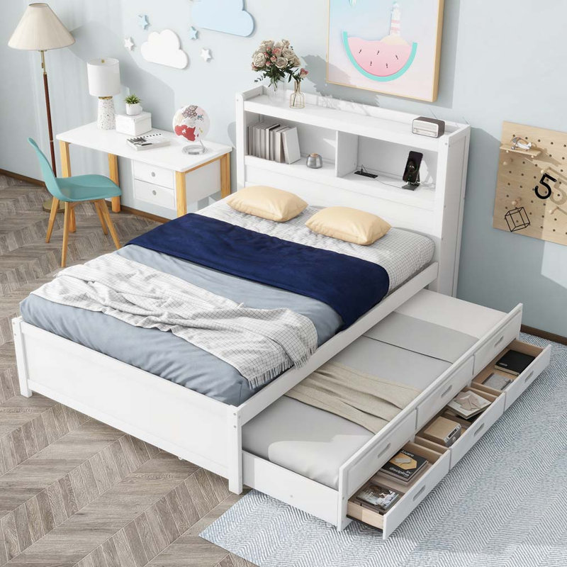 Lit en bois avec tablettes de rangement, tiroirs et lit gigogne, Blanc