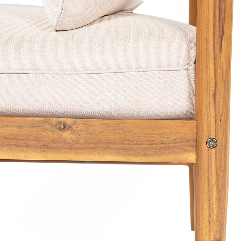 Canapé d'extérieur avec accoudoirs droit en bois d'acacia, finition teck clair avec coussin beige