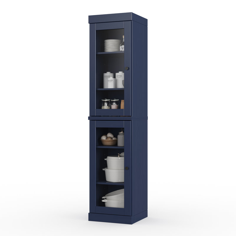 Garde-manger Jaylena 100% bois massif 16,5 po avec portes en verre transparent et tablettes réglables, Marine