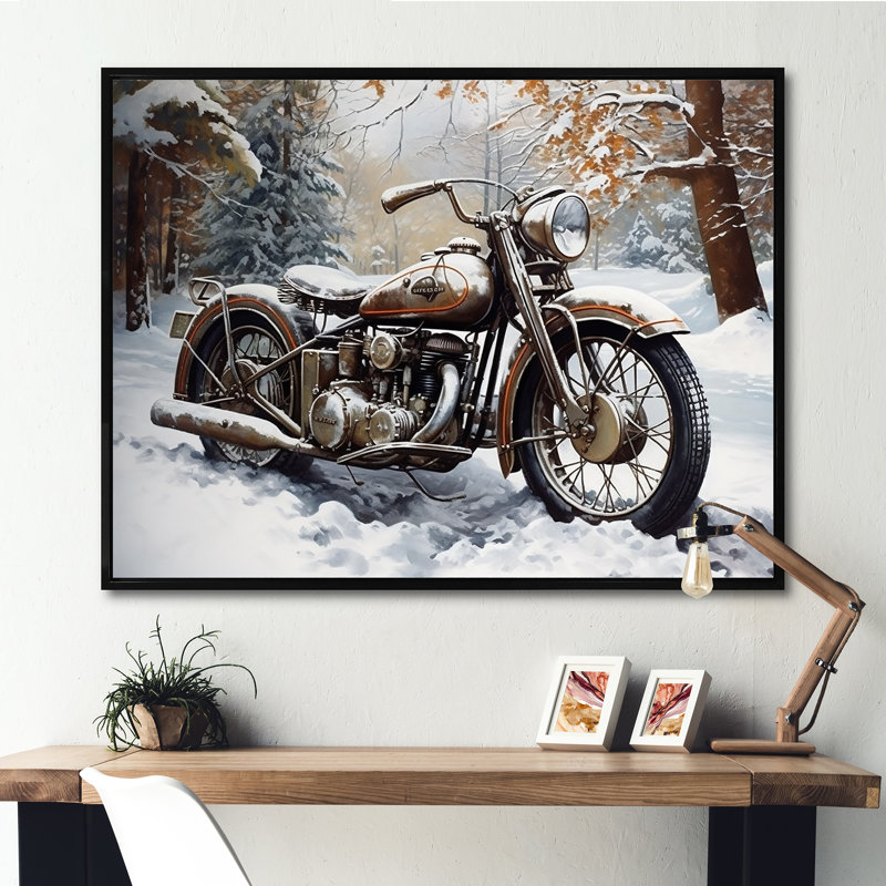 «War Rustic War Bike In Winter», reproduction sur toile, H 24 po x l 32 po x P 1 po, Cadre flottant noir