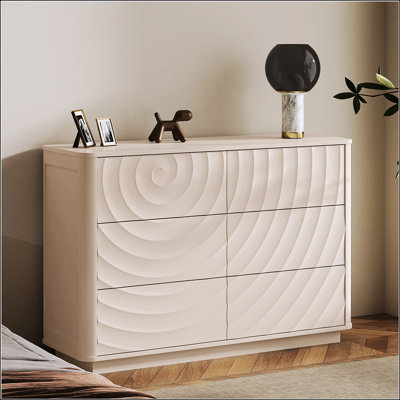 Commode 6 tiroirs pour la chambre à coucher, commode moderne de 46,5 pouces de large avec design ondulé sans poignée, rangement pour vêtements en bois, chaud