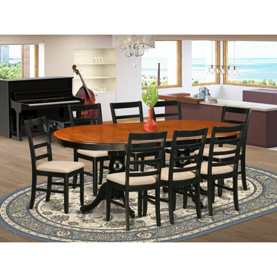 9 Piece Kitchen Table & Chairs Set Includes an Oval Dining Room Table with Butterfly Leaf and 8 Linen Fabric Chairs, Black & Cherry