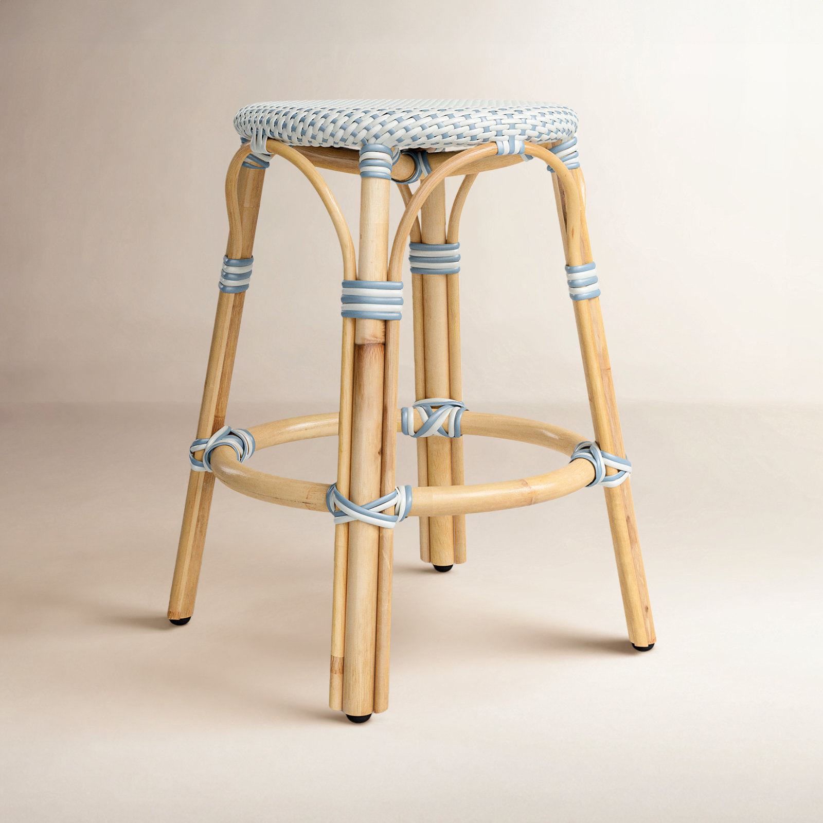 Alastair Bar & Counter Stool, Counter Stool (24" Seat Height), White/Sky Blue Dot/Natural Rattan Frame