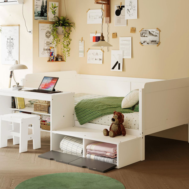 Lit de jour simple en bois avec beaucoup d'attributs de rangement pour les tablettes et les casiers, tabouret multifonctionnel compatible avec un bureau d'étude de lit, assorti blanc abondant