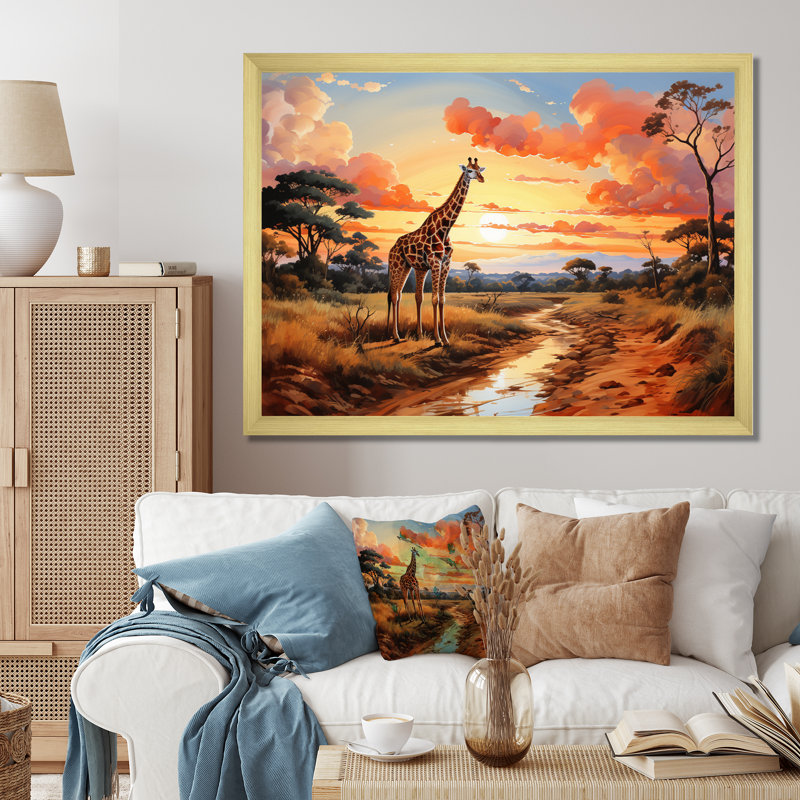 " African Girafes In Savanna II ", 12" H x 20" W x 1" D, Gold Picture Framed