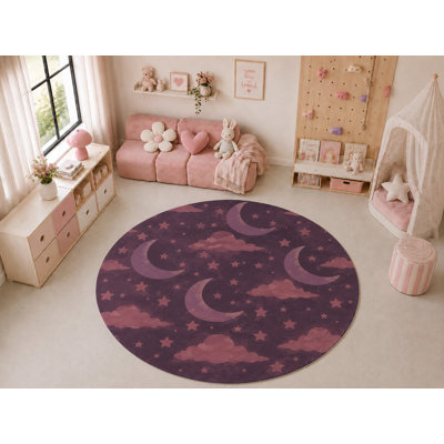 Tapis rond « Ultra Fin » 183 x 183 cm, motif lune, nuages ​​et étoiles, doux et léger, idéal pour la chambre d'enfant, la crèche, la salle de jeux, le salon et la décoration intérieure.