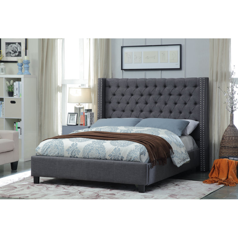 Ashton Tufted Upholstered Low Profile Platform Bed, Queen, Grey Linen Textured Fabric