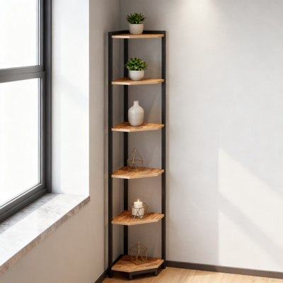 6-Tier Corner Shelf With Adjustable LED Lights, Tall Narrow Display Bookcase With Metal Frame For Living Room, Home Office, Bedroom And Small Spaces
