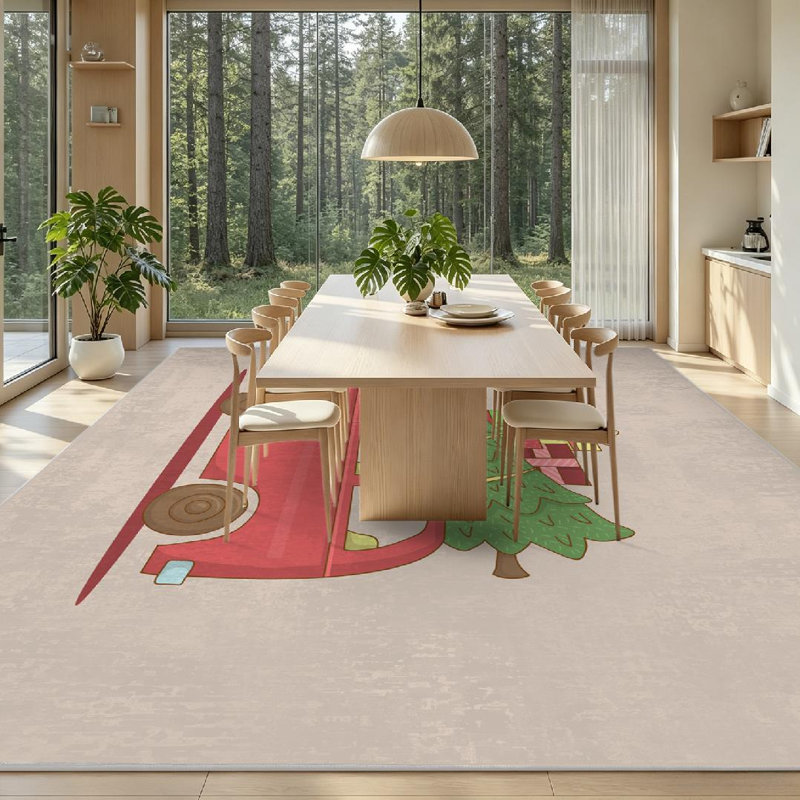 Tapis intérieur rouge lavable à la machine, dessiné à la main, représentant un autobus avec un sapin de Noël et un bus.