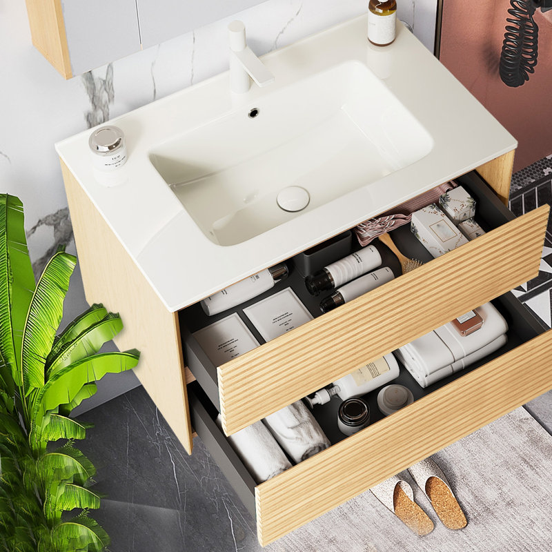 Meuble-lavabo de salle de bain avec lavabo, armoire de rangement murale en contreplaqué flottant, lavabo en céramique blanche, couleur grain de bois chêne Corolla (robinet non inclus)