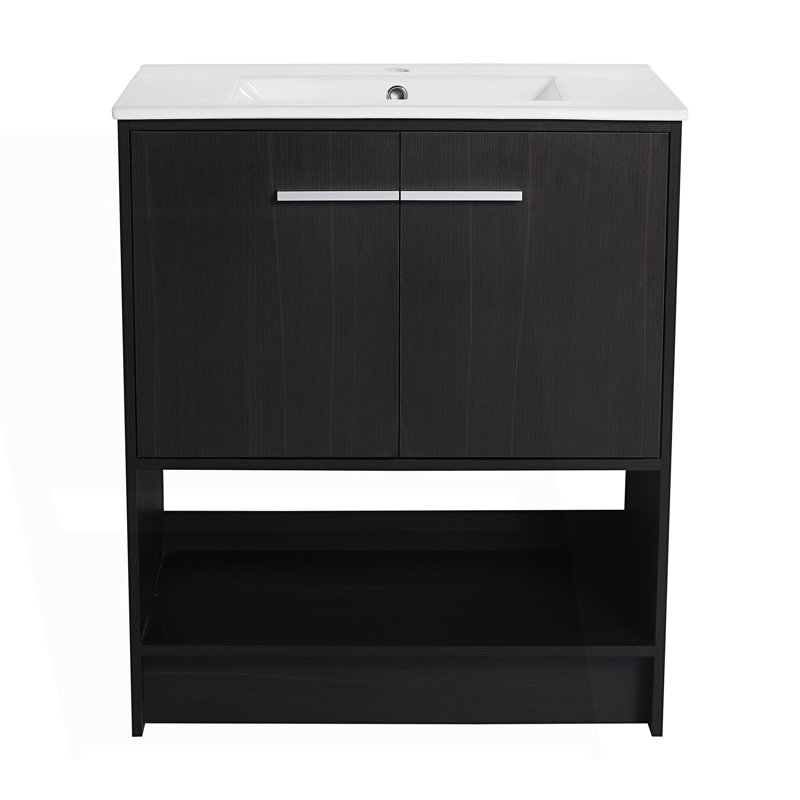 Meuble-lavabo autoportant avec lavabo en céramique et 2 portes à fermeture douce, 30", Chêne foncé
