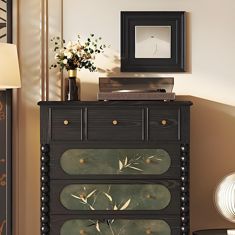 Commode de chambre en bois massif avec poignées en cuivre, Noir