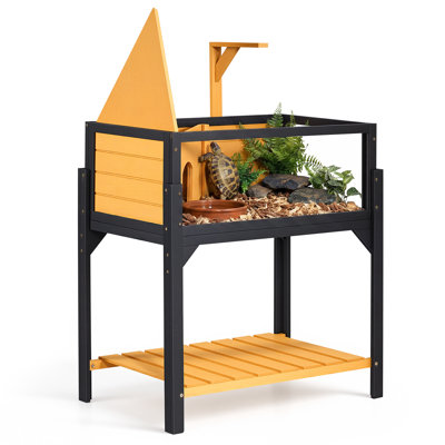 Tortoise Habitat 2-Room Wooden Tortoise House Built-in Lamp Stand, for Small Animals Indoor Outdoor, Storage Shelf, Large Turtle Enclosure Reptile Cage with Openable Roof & Viewing Window