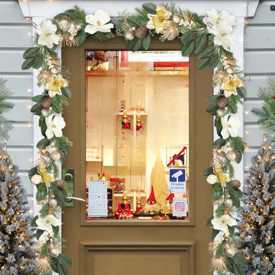 6 Feet Christmas Garland For Mantle, Lighted Outdoor Xmas Garland With & Magnolia For Home Stairs Fireplace Table Centerpiece Indoor Holiday Decor