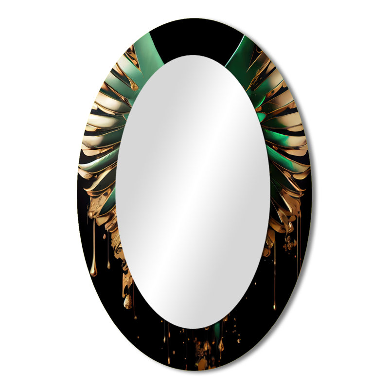 Green And Gold Angel Wings II - Large Oval Wall Mirror On Metal, 36" x 24"