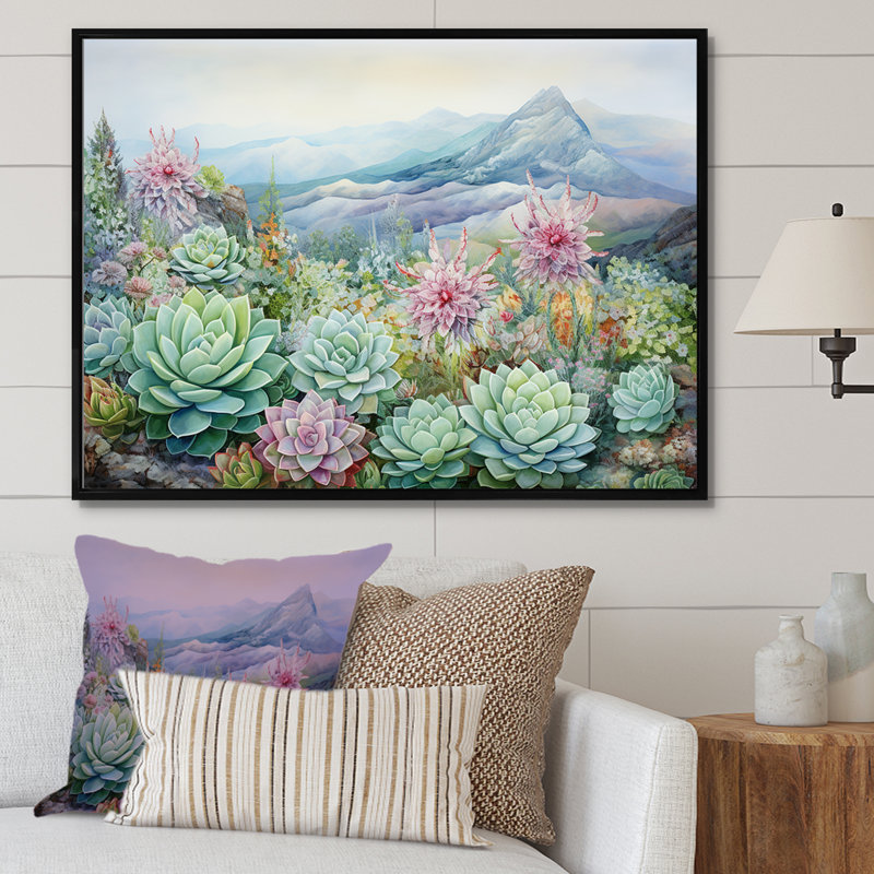 «Green Succulent Desert Charm», reproduction sur toile, Cadre flottant noir, H 24 po x l 32 po x P 1 po