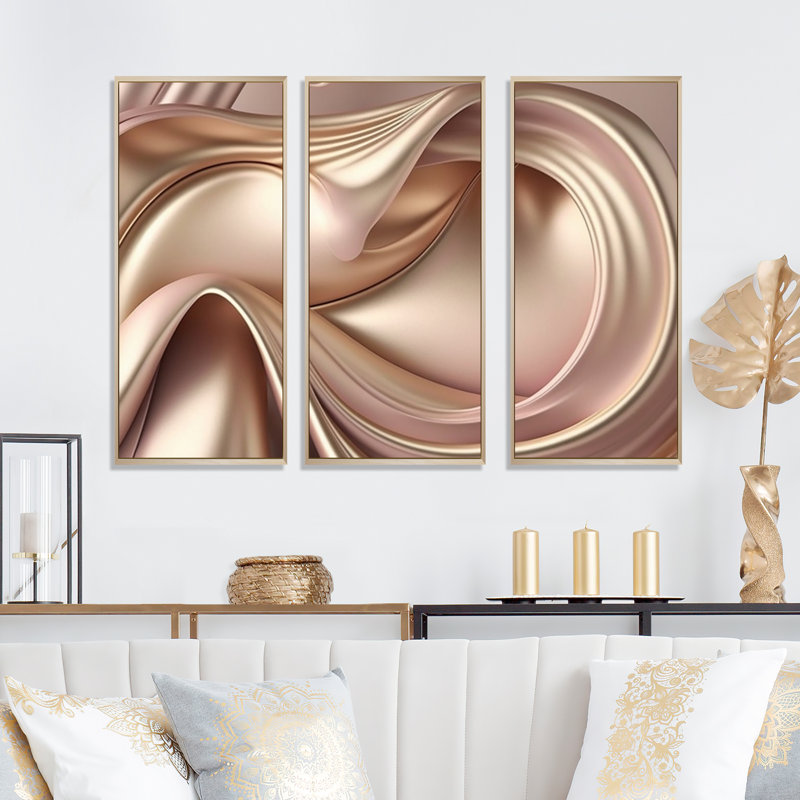 Luscious liquide or en rose et taupe VI - impression sur toile 3 pièces, H 32 po x l 48 po x P 1 po, Toile avec cadre naturel