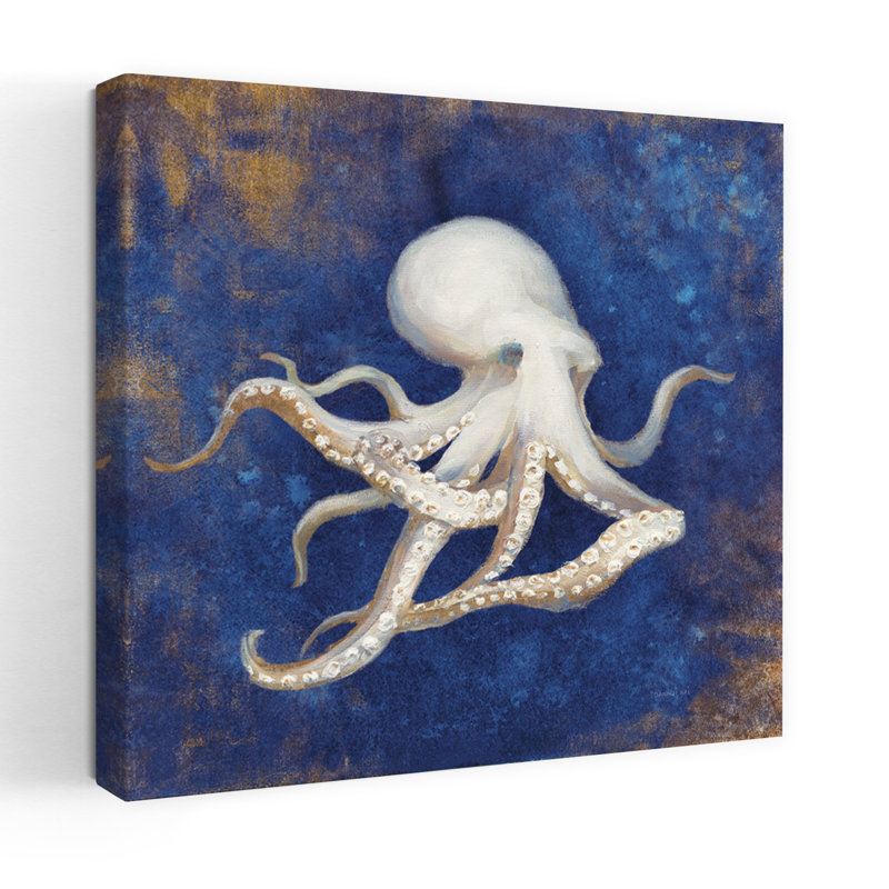 Trésors de la mer, art indigo contemporain, pieuvre, H 24 po x l 24 po