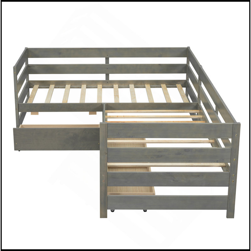 Lit plateforme simple en forme de L avec trois tiroirs de rangement, Gris