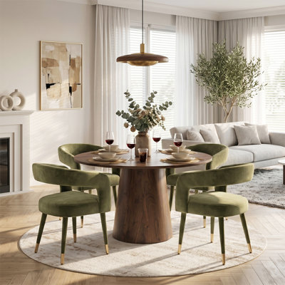 Modern 46" Round Dining Set with 4 Chenille Upholstered Barrel Arm Chairs
