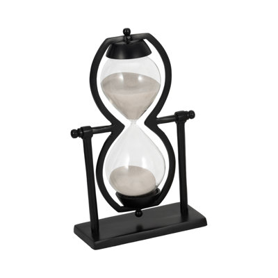 Decorative Metal and Glass Sandtimer Object for Home Decor - Contemporary Sculpture Accent for Office, Table or Living Room Decoration - Black