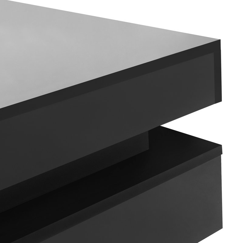 Table basse à 4 tiroirs avec finition noire ultrabrillante et fabrication, plateau de particules de 31,5 po x 31,5 po
