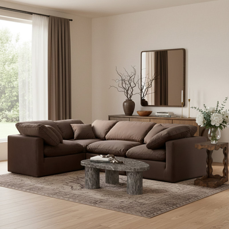 Itala Velvet L-Shaped Sectional Reversible, Brown Velvet