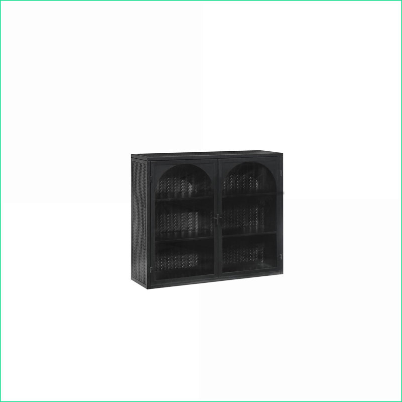 Wall Cabinet, Modern Two-Door 3-Tier Storage with Glass Doors &amp; Woven Pattern, Black | Iron + Tempered Glass, Black