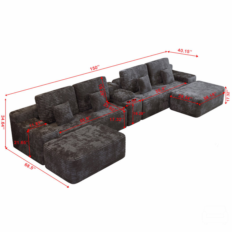 Canapé modulaire en U de 150 po avec 2 repose-pieds et canapé 150 po, Lin noir