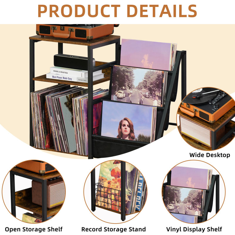 Record Player Stand With Vinyl Storage, 3 Tier Turntable Stand With Display Shelf Storage Up To 150 Albums,Brown End Table For Living Room