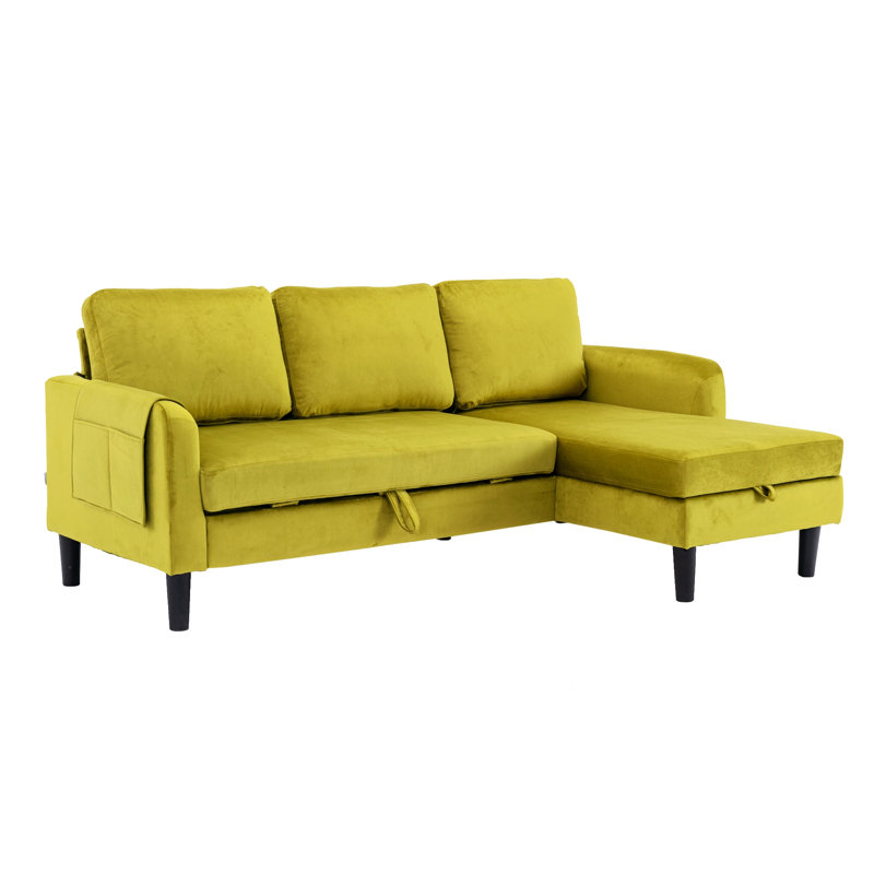 Ermon Upholstered Sofa Reversible Sectional Sleeper with Storage Chaise, Side Pocket, Olive Polyester