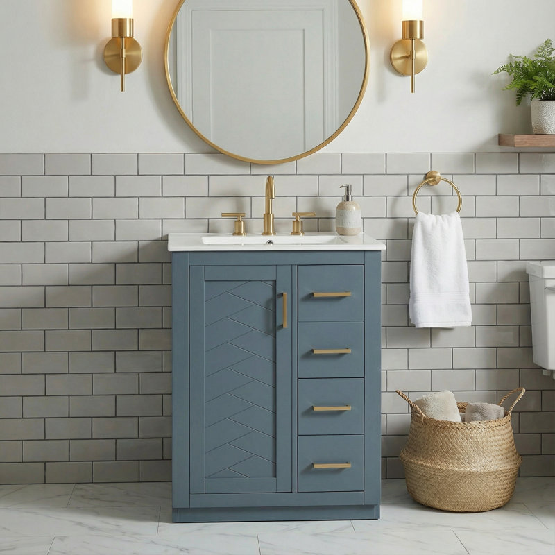 24" Modern Blue Bathroom Vanity with Integrated Sink, Geometric Textured Door, Soft-Close Hardware & Gold Handles, Blue