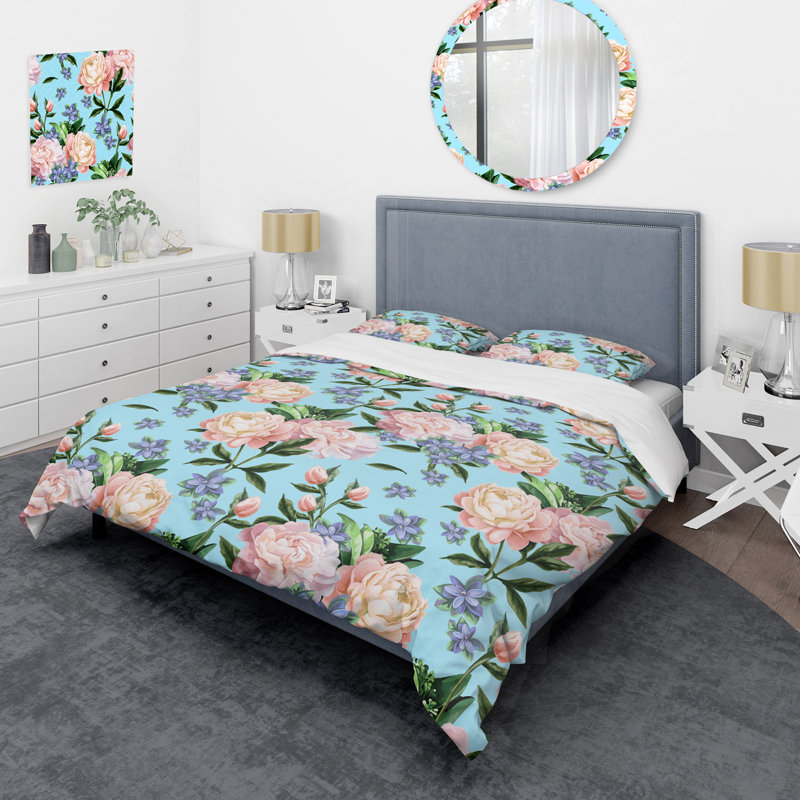 Feuille verte et roses roses - Ensemble de housse de couette floral - Polyester en microfibre