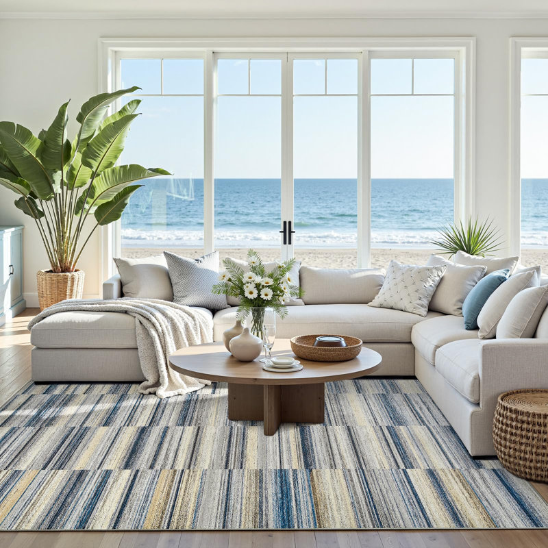Modern Abstract Ultra-Thin Washable Area Rug, Rectangle 5' x 7', Blue