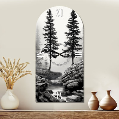 Twin Pine Trees by River Stream I - Cabin Arch Metal Wall Clock, Printed on Metal