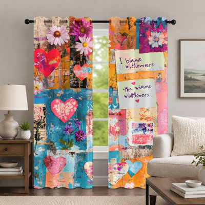 2Pcs Colorful Heart and Flower Pattern Curtains, Artistic Collage Style Drapes, Vibrant Abstract Print Grommet Panels, Window Treatment for Bedroom Living Room Decor
