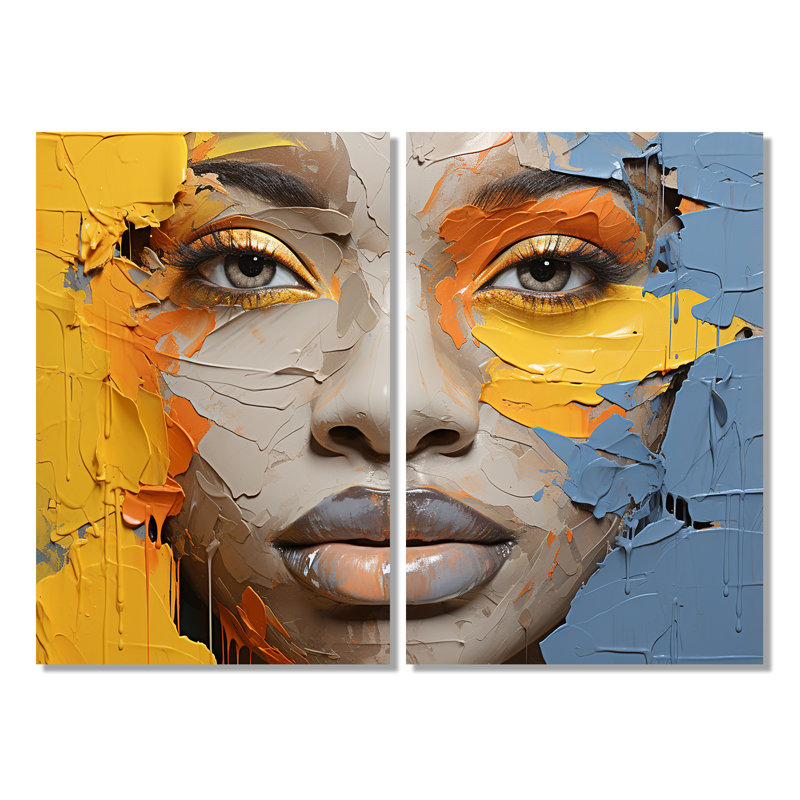 Jaune et bleu, peinture, collage, portrait - impressions sur toile 2 panneaux, Wrapped Canvas, Does Not Apply, 36" H x 48" W