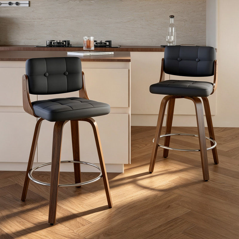 Tabouret de comptoir pivotant en cuir moderne de 26 po avec structure en bois robuste, Noir