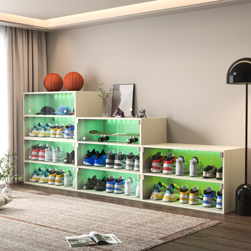 Led Lighted Shoe Box, 3-layer Wooden Cabinet With Glass Doors, Holds Up To 9 Pairs Of Sneakers, Stackable, Antique, Built-in Lighting Box Storage Doors - 3 Layers, Wood Made, Accommodates Stackable
