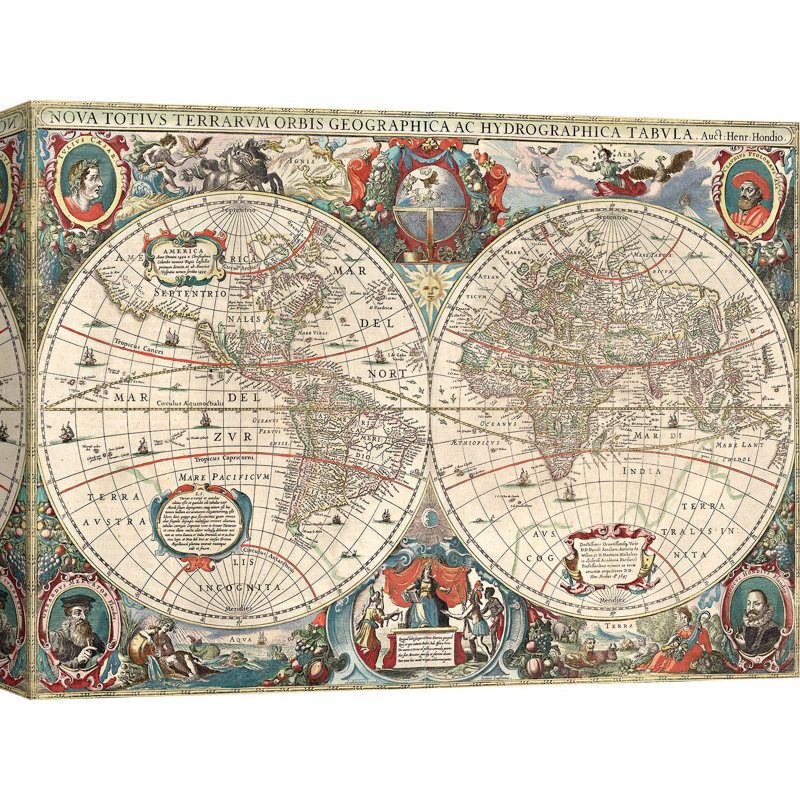 Decorative World Map, 1630 by Hendrik Hondius - Wrapped Canvas Painting, 60cm H x 80cm W x 4cm D