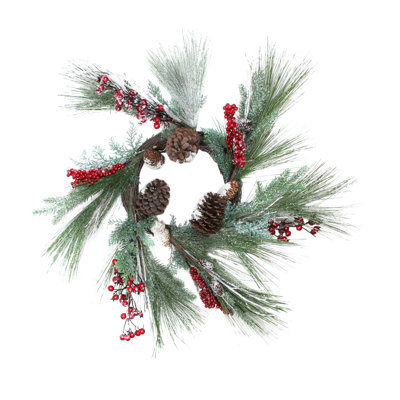 Couronne de Noël artificielle baies avec pommes de pin et branches de pin - 32 pouces non éclairée