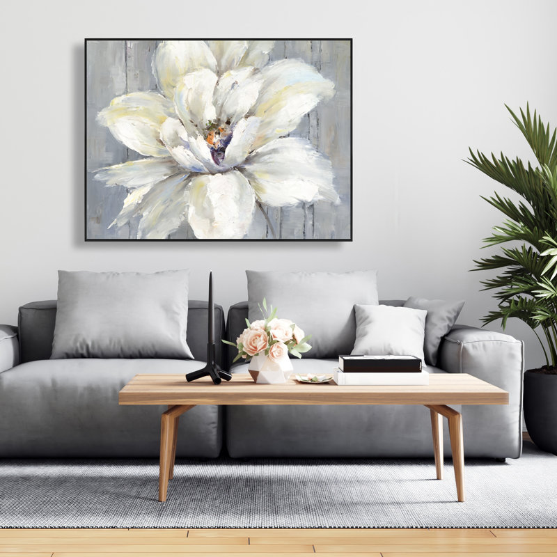 White Flower on Wood - Gray Office Framed Canvas Decor