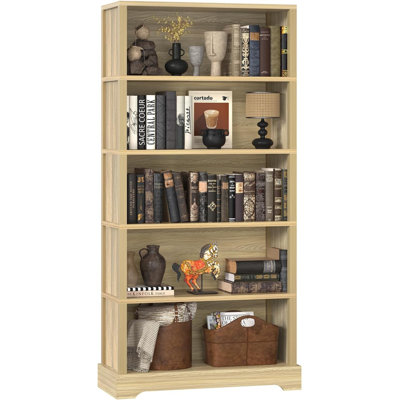 Bibliothèque en bois à 5 niveaux, style ferme, haute de 165,8 cm (65,2 po), large de 80 cm (31,5 po), avec rangement pour bureau ou salon, couleur bois naturel.