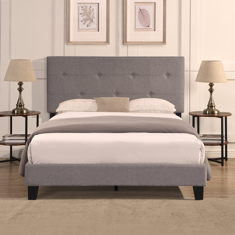 Upholstered Platform Bed with Button Tufted Linen Fabric Headboard, No Box Spring Needed, Wood, Queen, Heather Gray