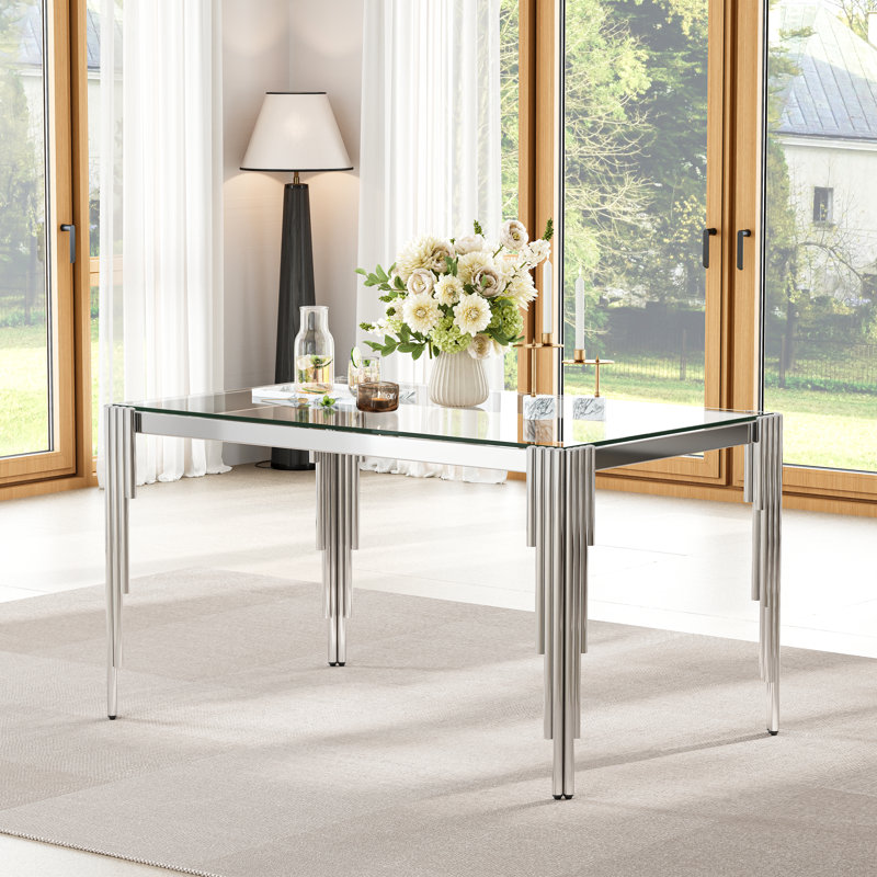 Modern Glass Dining Table Set Of 5, 52.76" Rectangular Tempered Glass Top, Polished Irregular Round Tube Stainless Steel Legs, 4 PU Leather Suspended Stainless Steel Frame Dining Chairs