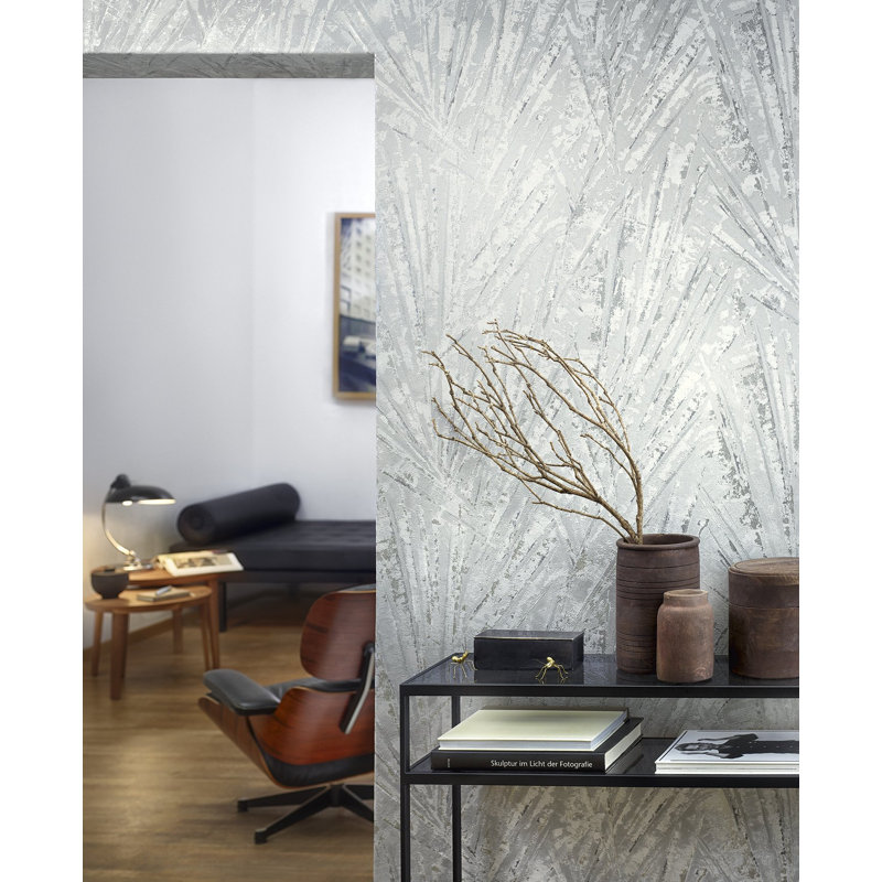 Air Collection Fan Palm Textured Wallpaper Roll, Silver