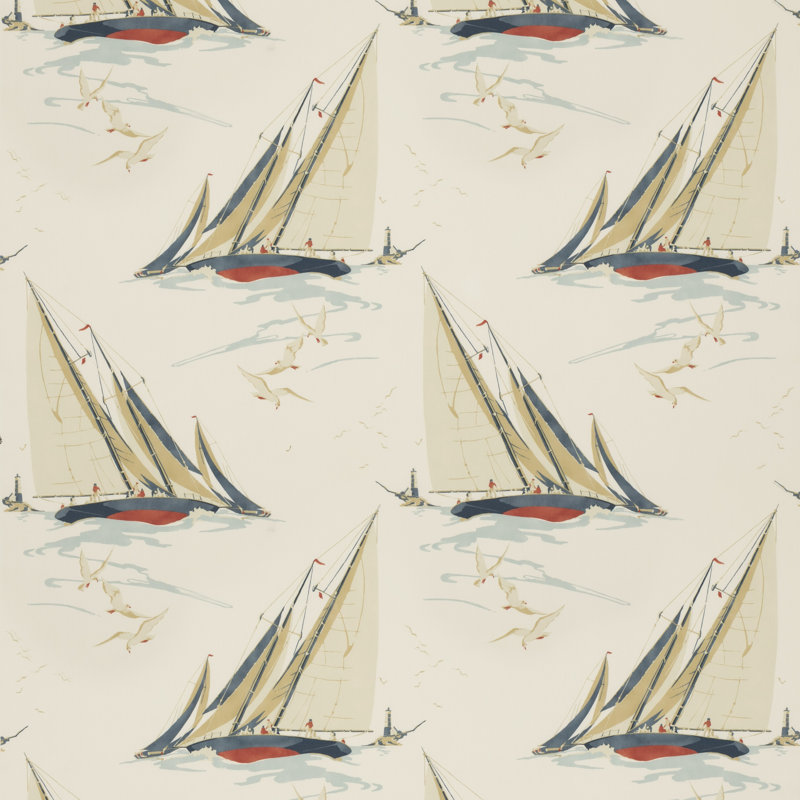 Icons Round the Island 100% Cotton Fabric, Red/Blue