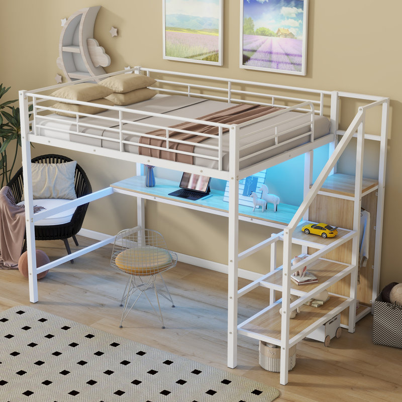 Metal Loft Bed With Desk, Storage Staircase And Led Light, White/Natural