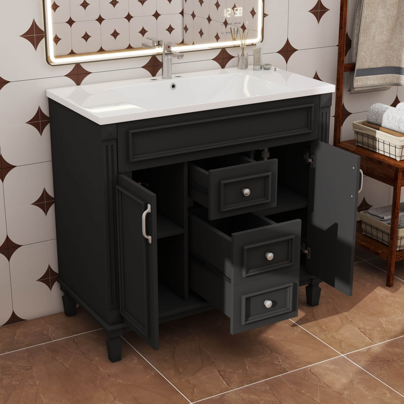 Meuble-lavabo autoportant 36 po avec lavabo 36 po et 2 portes à fermeture silencieuse, Noir, Argent argent